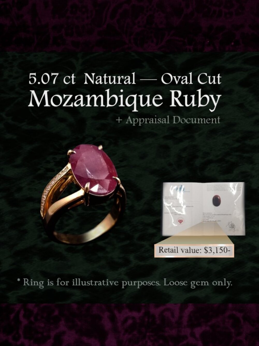 5.07ct Natural Mozambique Ruby — Loose Oval Cut Gemstone + Appraisal